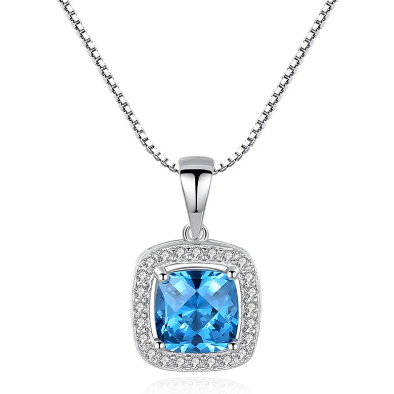 Minimalist 925 Sterling Silver Blue Topaz Necklace 18k White Gold square Pendant Necklace