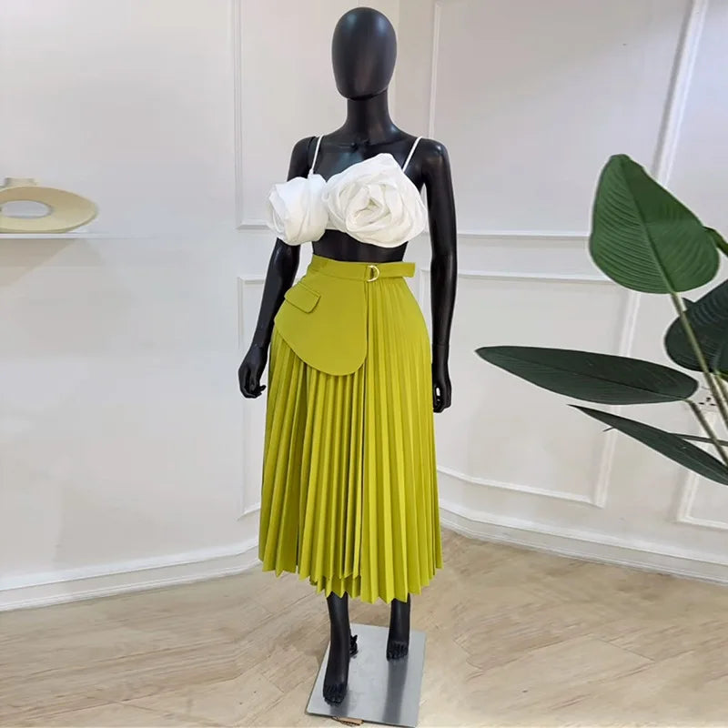 Boutique Wholesale 2026 Summer New High Waisted Irregular Lace up Pleated Mid Length A-line Women's Skirt