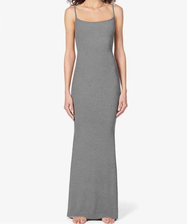 Casual Summer Fit Fashionable Natural Waistband Neck Floor-Length Dress-Breathable Knitted Eco-Friendly Washable Solid Pattern