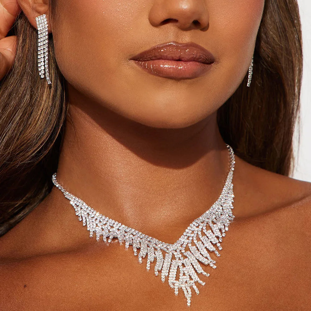 3pcs Full Rhinestone Necklace Earring Sets Wedding Party Shiny Zircon Luxury Tassel Jewelry Set for Women Gifts