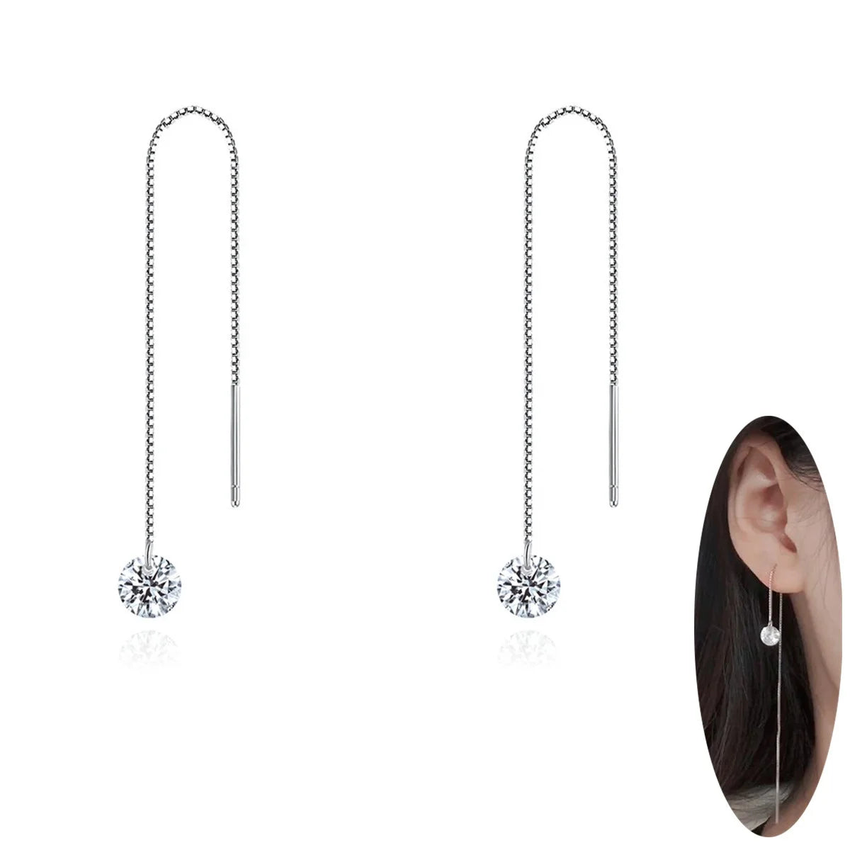 Fashion NEW Round Diamond Threader Earrings Cubic Zirconia Dangle Pull Through Earring Woman Adjustable Box Chain Thread Earring
