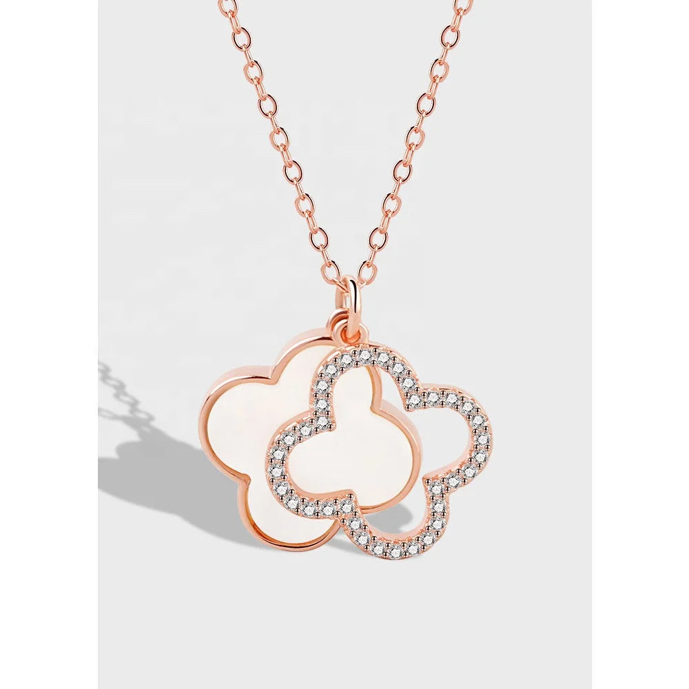 Daidan Elegant Necklace Women Sterling Silver Rose Gold Plated Double Size Zirconia Cz Shell Clover Necklace