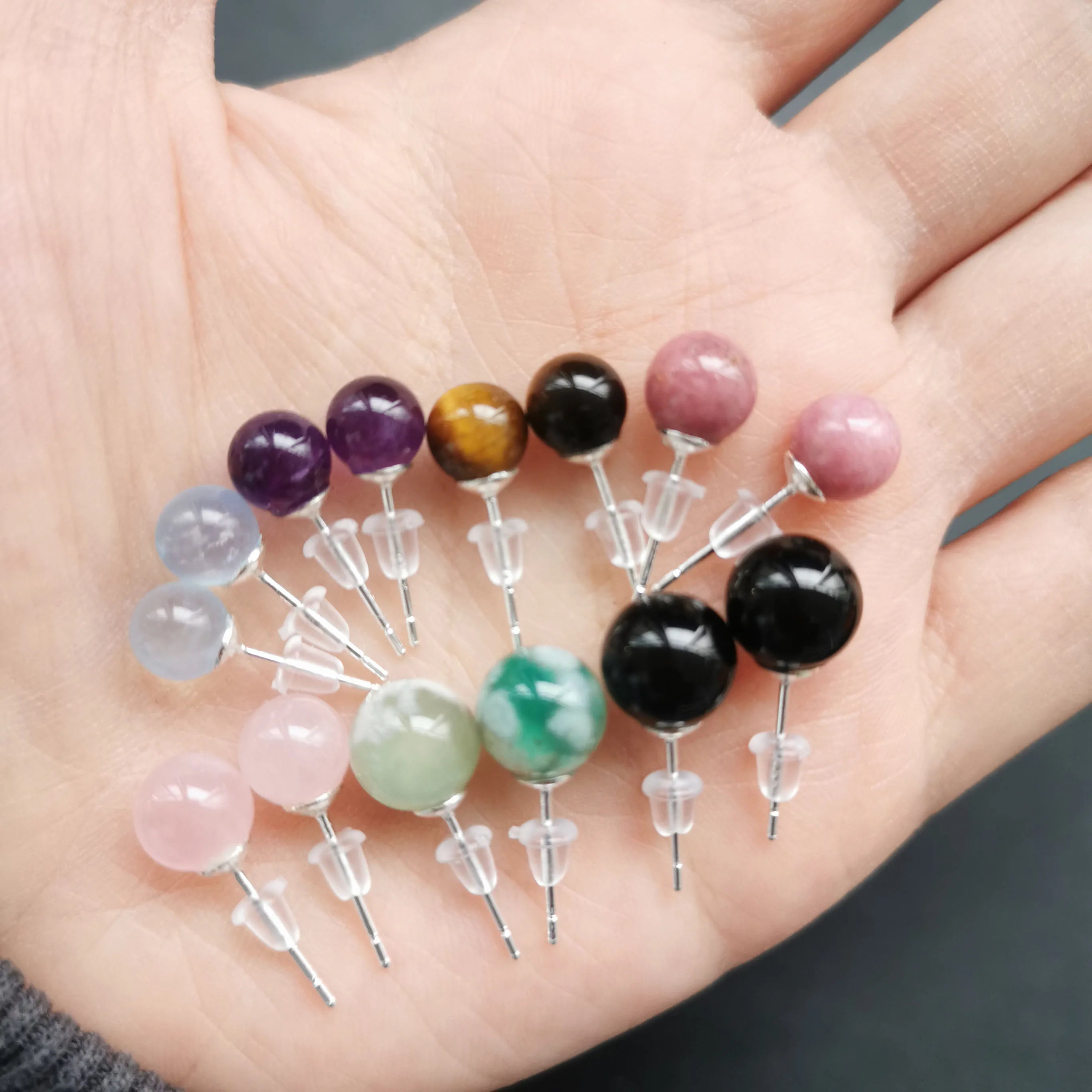 Natural Beautiful Flower Agate Amethyst Rose Quartz Crystal Sphere Pink Fashion Trend Ear Ring for Gift