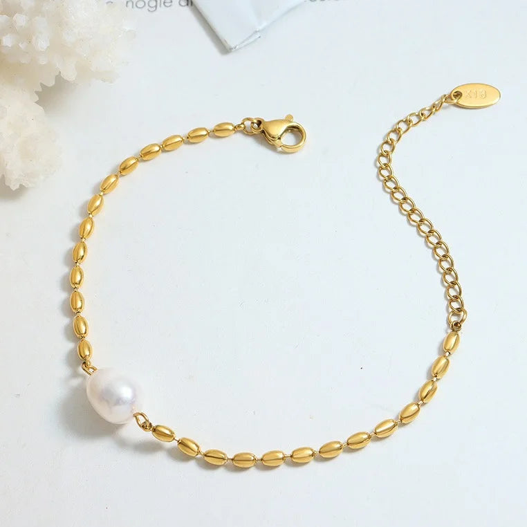 Waterproof 18k Gold Plated Jewelry Freshwater Pearl Baroque Bracelet Stainless Steel Beads Chain Women