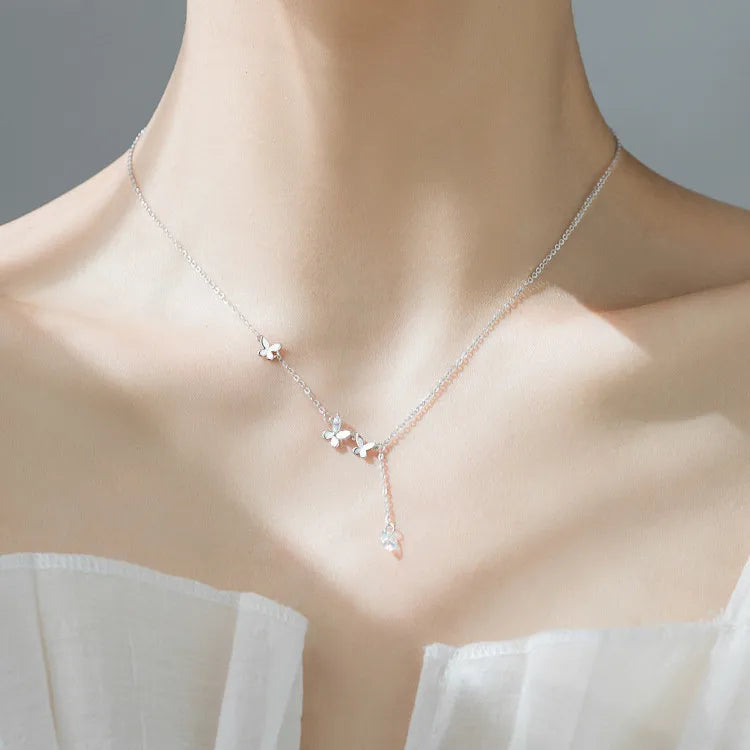 925 Sterling Silver Jewellery Small Butterfly Zircon Pendant Adjustable Chain Necklaces Fashion Jewelry for Women