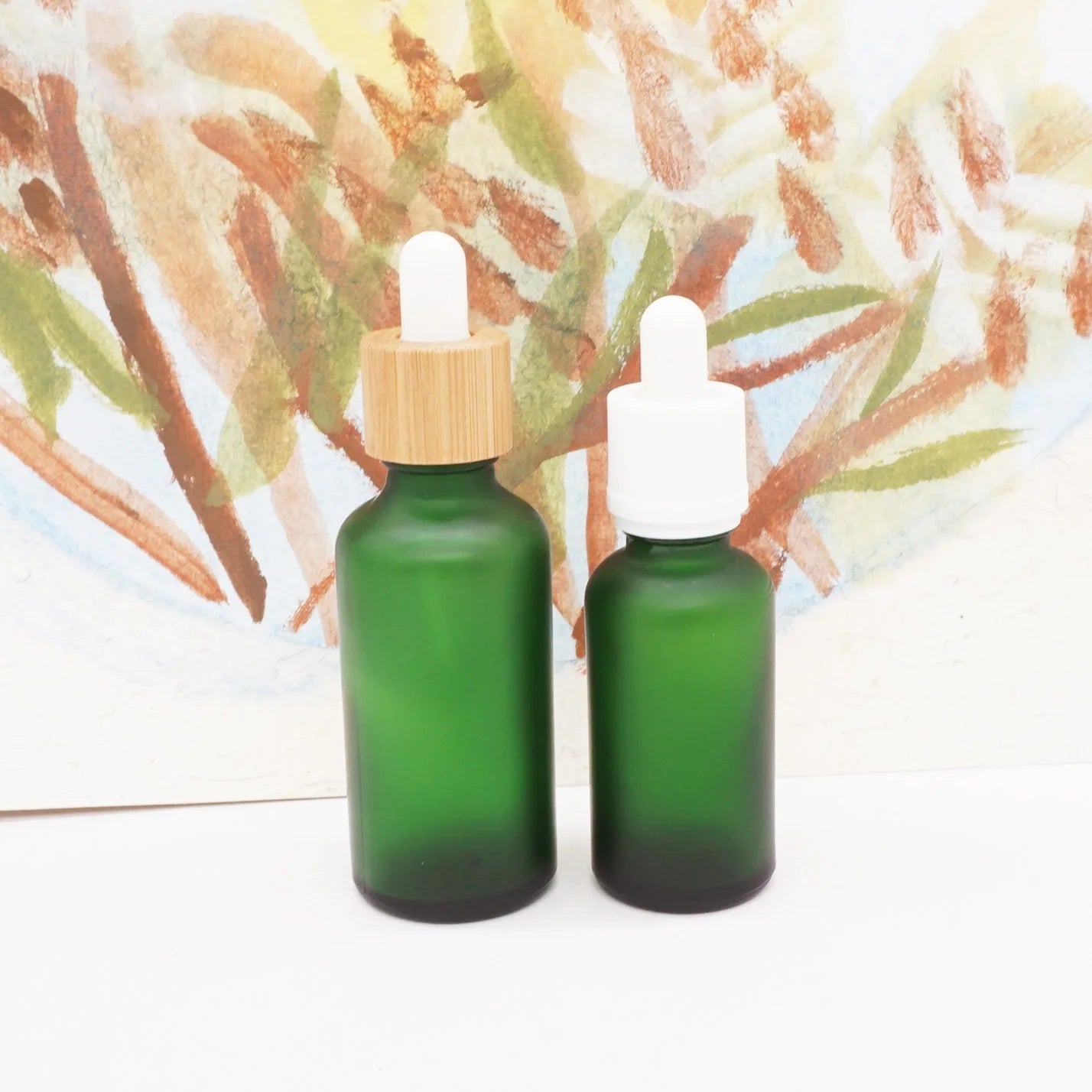 1oz Green Frosted  30ml Serum Bottle Glass with Bamboo Lid