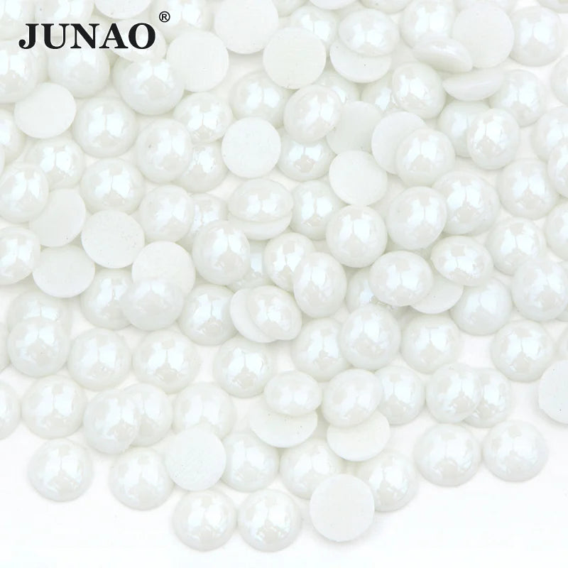 JUNAO Wholesale 2mm 3mm 4mm 12mm White Color Half Round Pearl Flatback Iron on Beads Hotfix Ceramic Pearls for Clothes