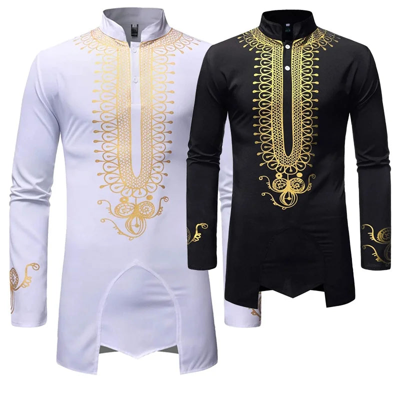 Mens Shirts Luxury Gold Metallic Tops Long Sleeve Dashiki Outfit Traditional African Clothing White Shirt