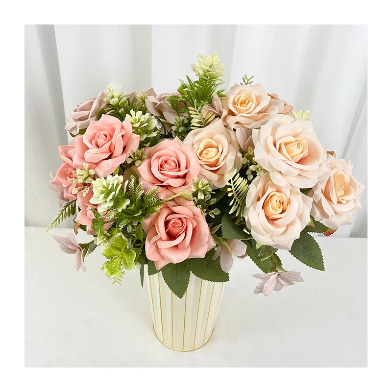 Plastic No Fade Faux Flower Garden  Artificial 7-head Curled Rose Bouquet for Wedding Decoration