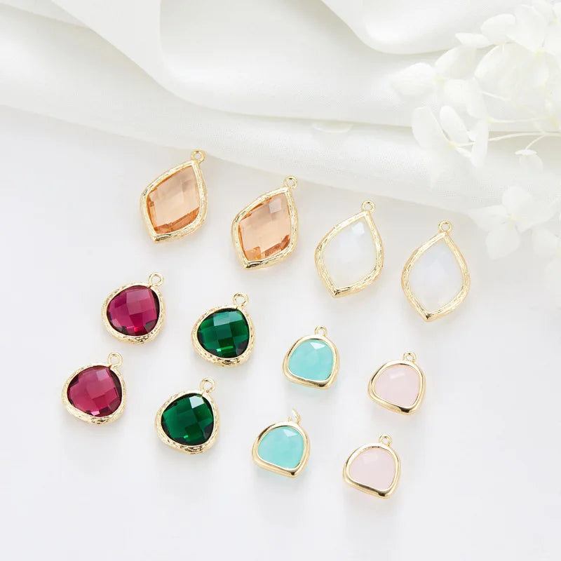 Fashion Jewelry Oval Square 14K Gold Edging Glass Colour Zircon Crystal Pendant Charms DIY Earring Necklace Bracelet Accessories