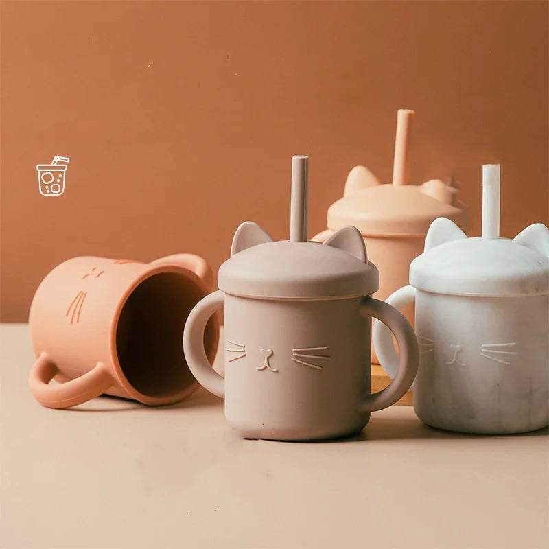 Food Grade Baby Feeding Silicone Baby Cups Double Handle Silicone Baby Children Toddler Infant Training Cups with Straws