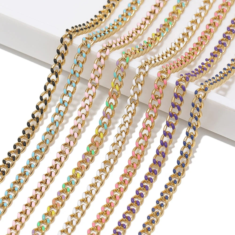 Gold Stainless Steel Enamel Curb Cuban Link Chains for DIY Women Necklace Jewelry Making Bracelets Findings Supplies