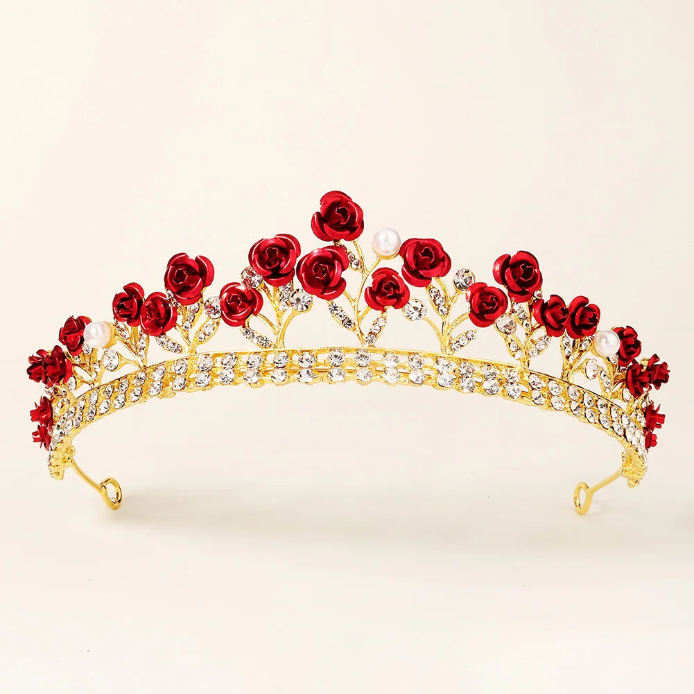Red Rose Pearl Rhinestone Gold Royal Crystal Bridal Crown for Wedding Performing Birthday Party Hair Accessories Tiaras