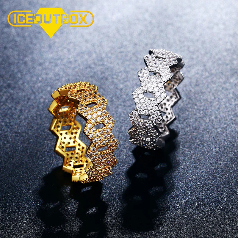 18K Gold Plated Cuban Link Ring Cuban Chain Type Ring Iced Out CZ Cuban Link Band Mens Bling Hip Hop Ring