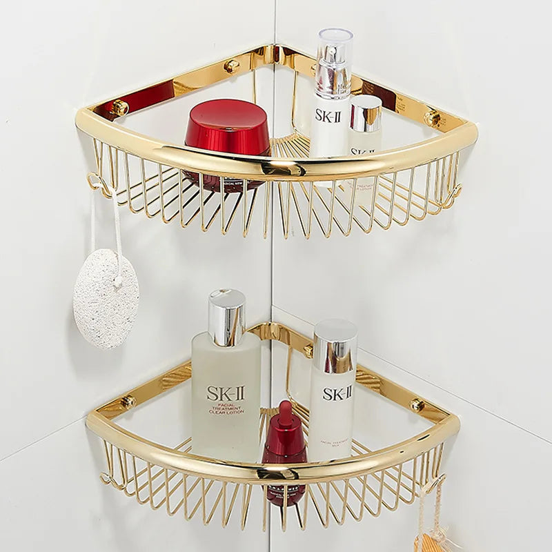 Modern Stainless Steel Bathroom Accessories Wall Mounted Corner Shower Caddy Organizer Brass Finishing Includes Towel Rack