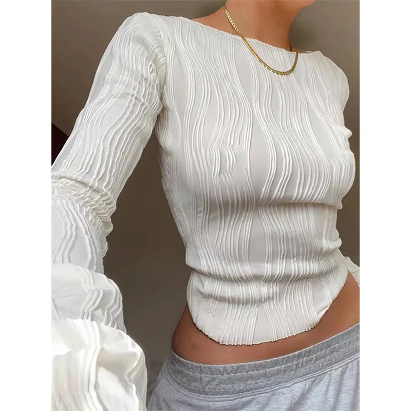 2025 Autumn Y2K Top Clothes Female White Skinny Cropped Bottoming Shirt Woman Fashion Casual Ruched Long Sleeve T-shirt Blouses