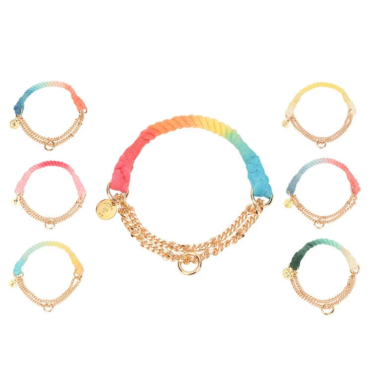 Popular Custom Design Hand Woven Cotton Rope Rainbow Braided Outdoor Training All Reasons Pet Collar for Dogs and Cats