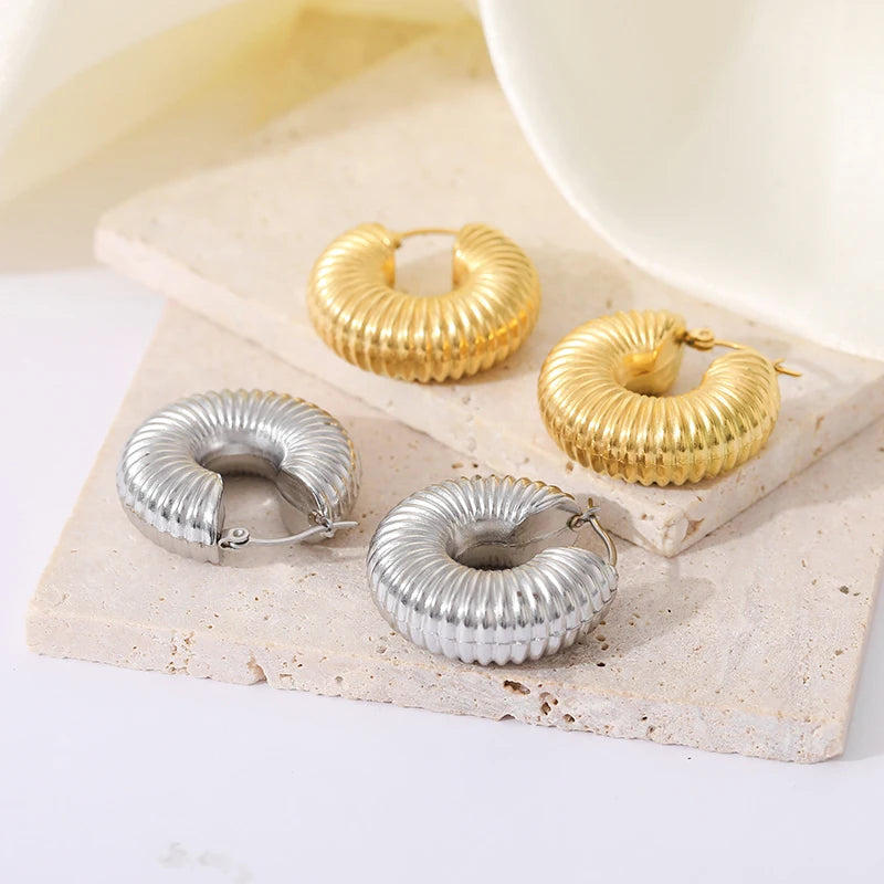 Ins  18K Gold Plated Statement Chunky Hollow Screw Hoop Earrings Stainless Steel for Women