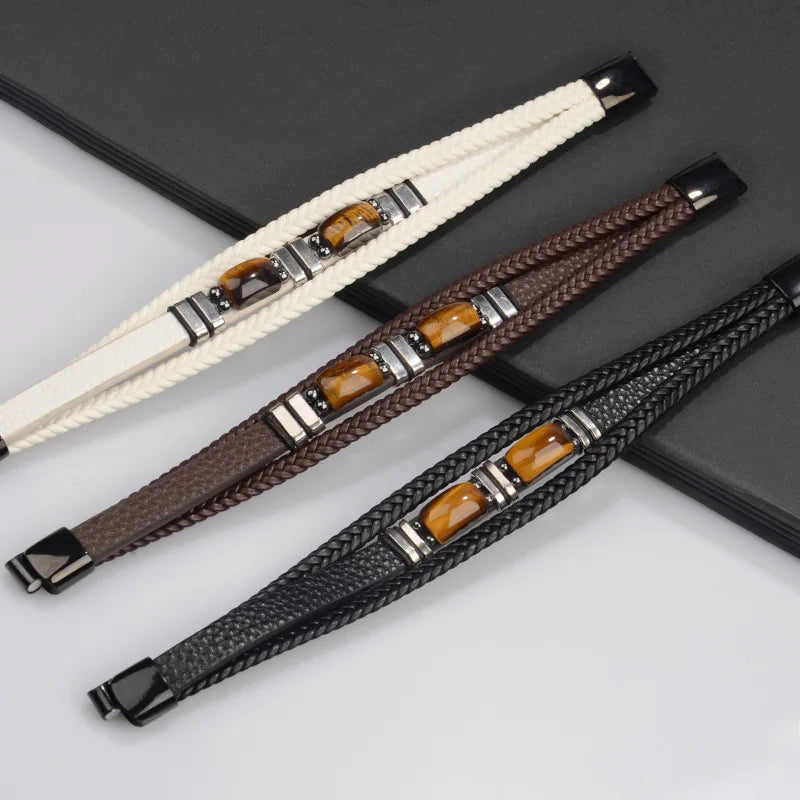 Personalize Friendship Couple Tiger Eye Round Bucket Magnetic Stainless Steel White Brown Black Leather Bracelet for Men Women