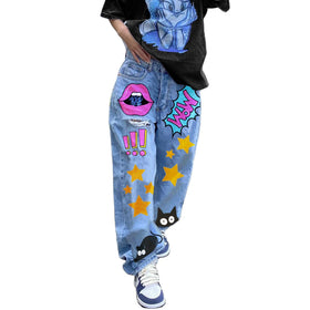 Girls Long Pants Ripped Denim Trousers Women Baggy Wide Leg Graphic Jeans