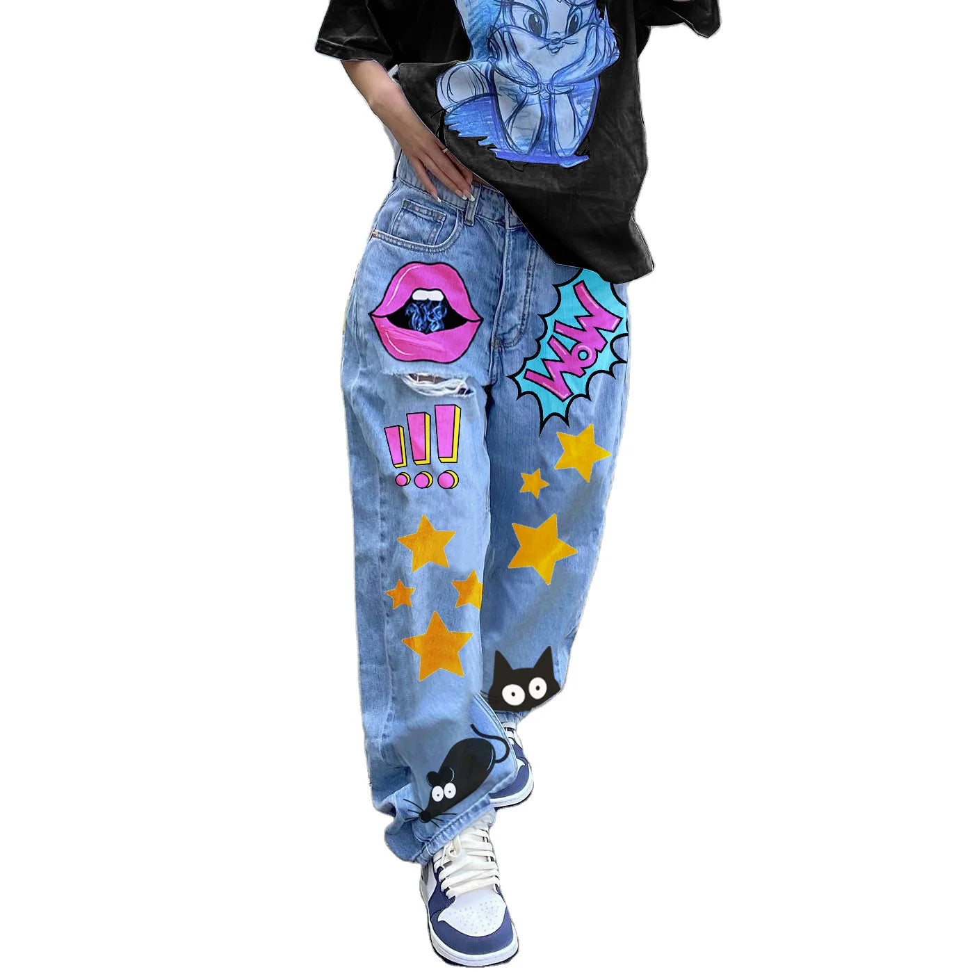 Girls Long Pants Ripped Denim Trousers Women Baggy Wide Leg Graphic Jeans