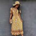 S-2XL Floral Dyed Ethnic Style V-neck Dress Summer Holiday Beach Bohemian Style Dress
