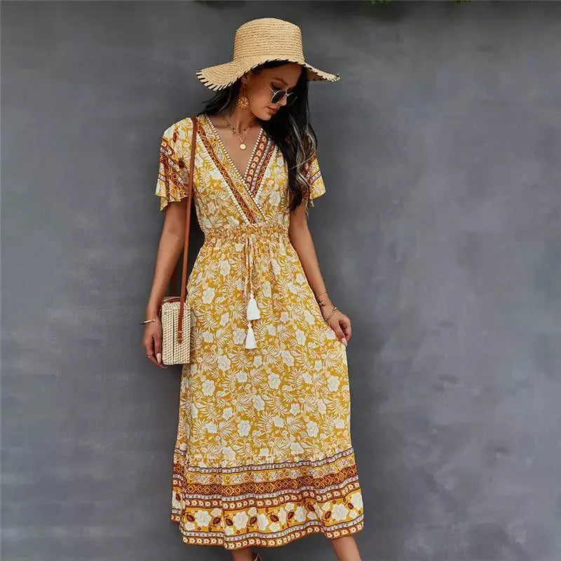 S-2XL Floral Dyed Ethnic Style V-neck Dress Summer Holiday Beach Bohemian Style Dress
