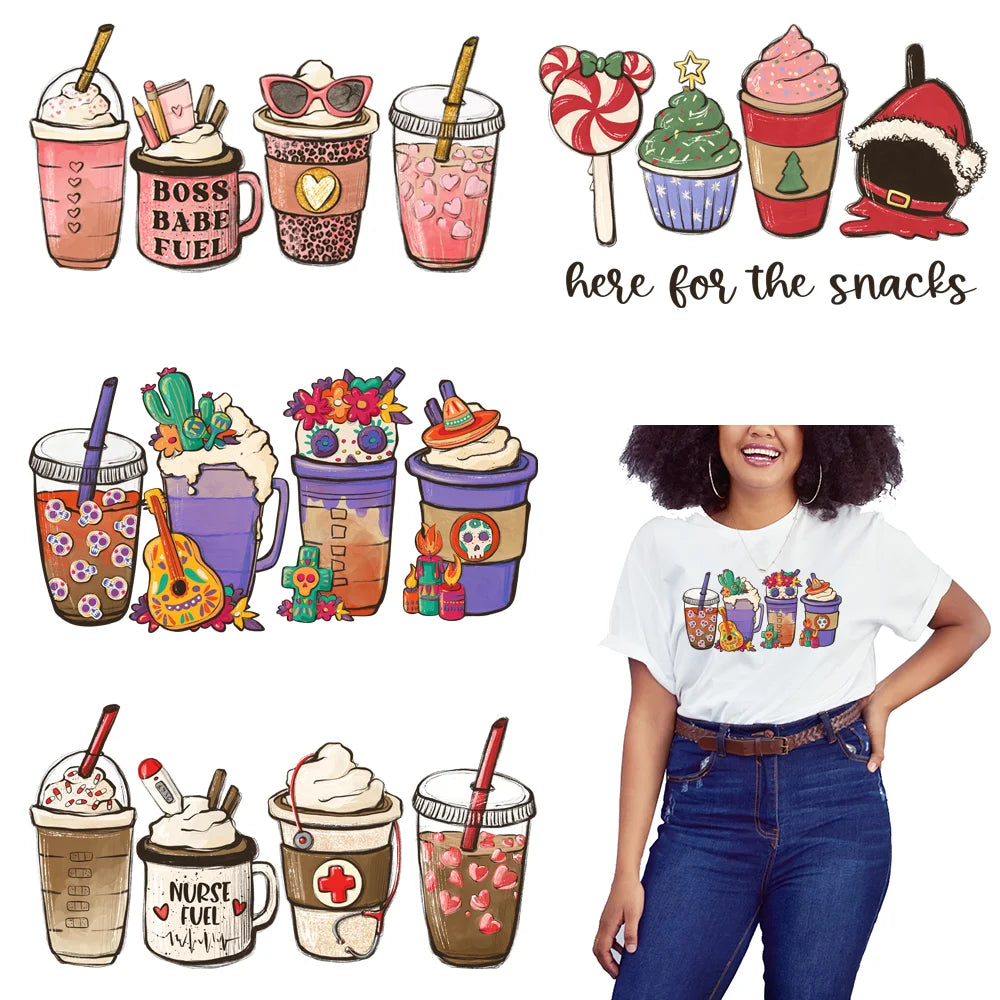 Hot Sale Washable Custom Design Nursing Life Coffee Cup Fuel Christmas Fall Plastisol Iron on DTF Print Heat Transfers Stickers
