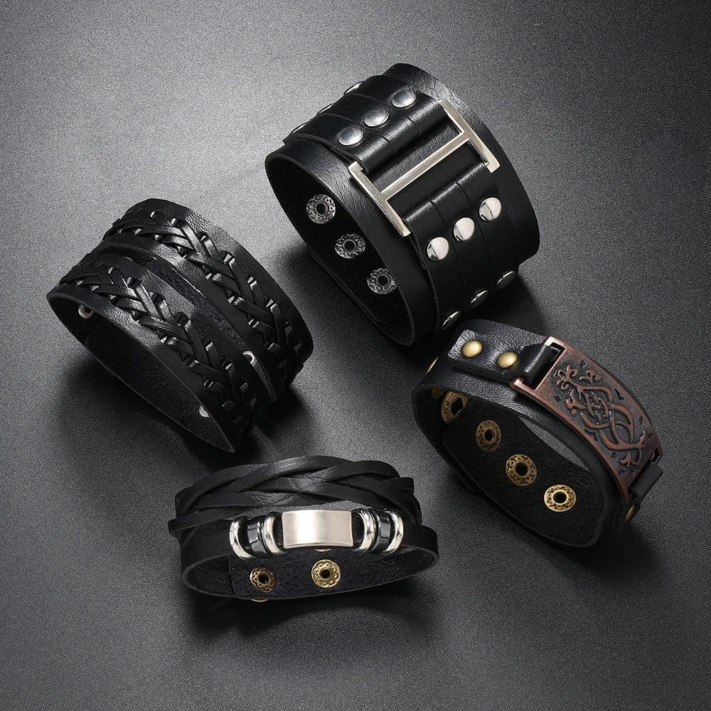 4 PCS Punk Rock Men Bracelets & Bangles Bracelets Hommes Custom Jewelry Wholesale Hiphop PU Leather Bracelet Fashion Jewelry