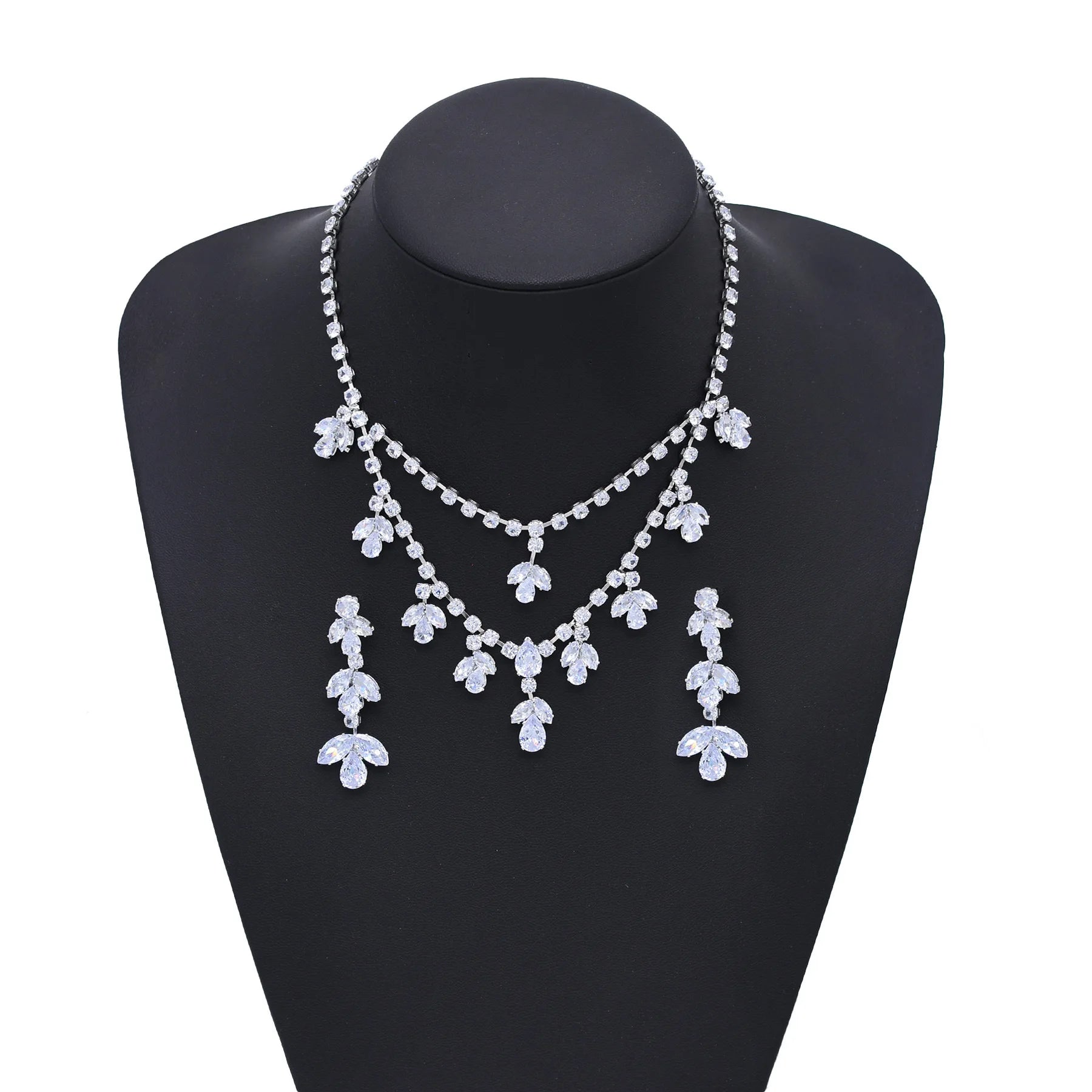 Luxury Bling Bling Women's Wedding Jewelry Set Silver Plated Clear Zircon Necklace and Earrings Set for Bridal