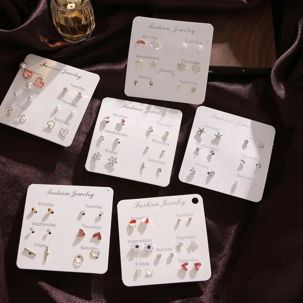 VKME Fashion Ins Style Heart Pearl Stud Earrings Trend 6 Set Stars Stud Earrings for Women Jewelry