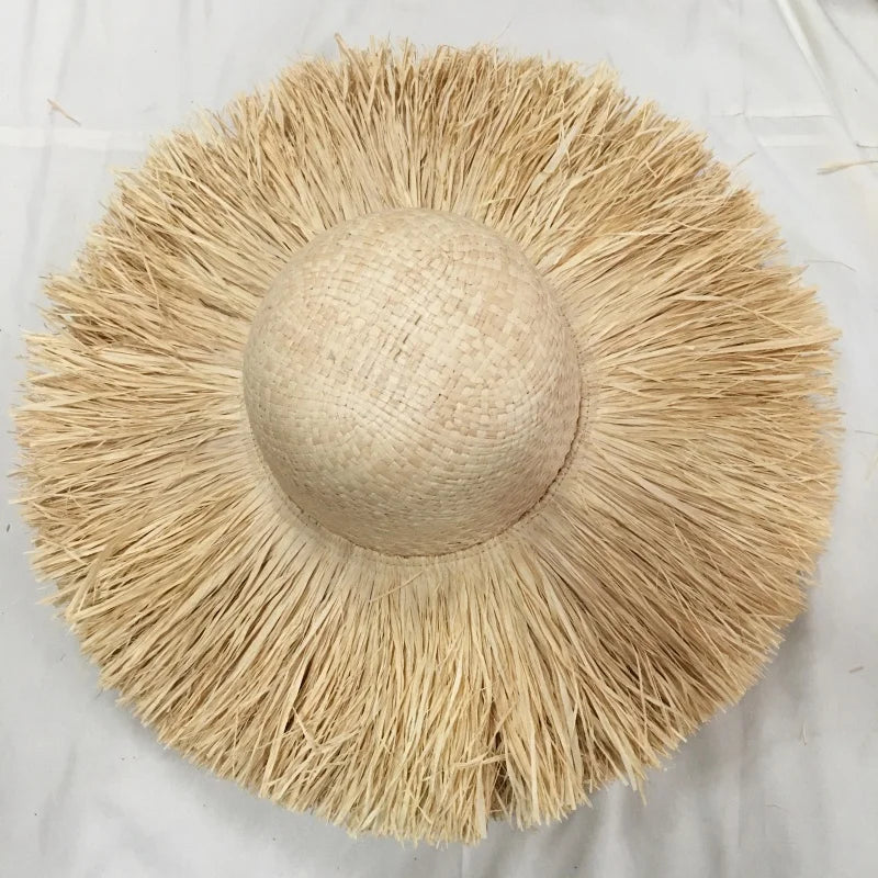 New Style Natural Raffia Straw Big Brim Hat Frayed Brim Two Layer Seaside Beach Hat