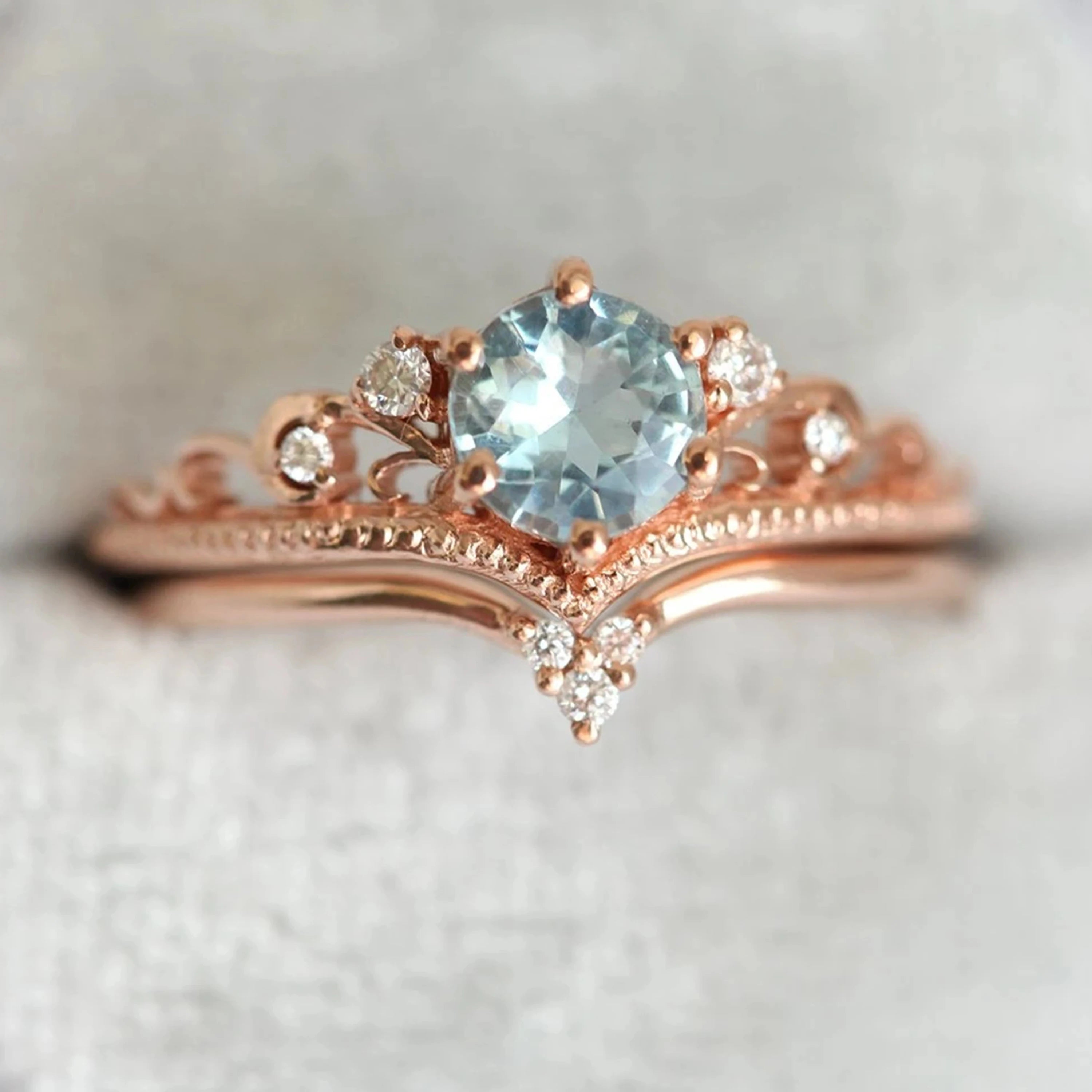 Three Plated Colors Silver Jewelry Natural Gems Aquamarine Engagement Ring Matching Band Ring