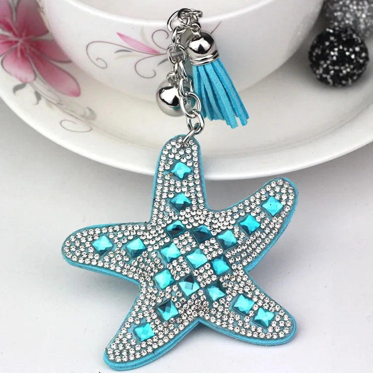 Starfish Keychain Sparkling Rhinestones Charm with Tassel Stylish Polyester PU Sea Life Key Ring Bling Jewelry Accessory