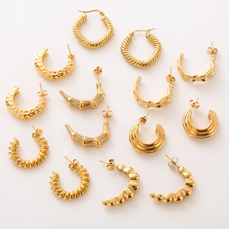 2023 Vintage Charming Stainless Steel Twist C Shape Open Earrings for Women Irrengular Gold Plating Jewelry Set