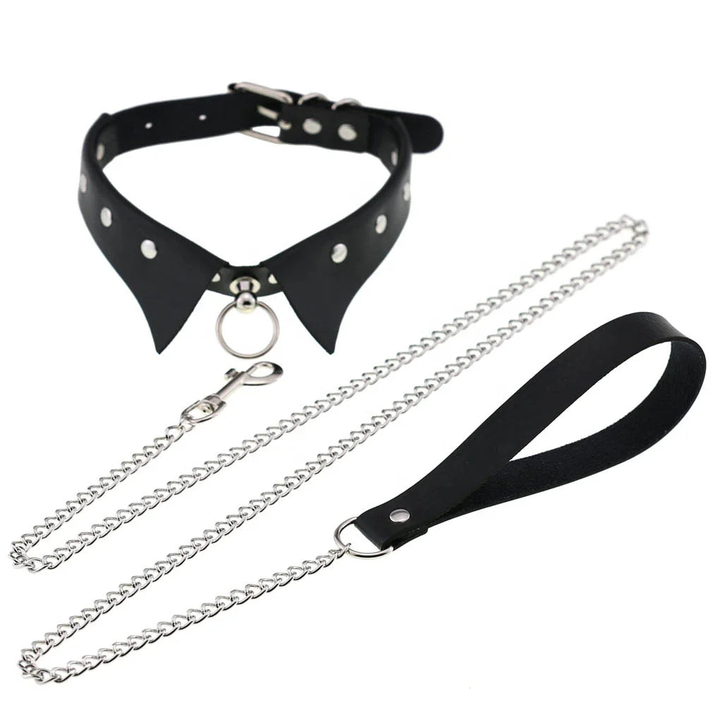 Punk Goth Faux Lapel Shirt Collar PU Leather Round Pendants Choker Necklace Traction Rope