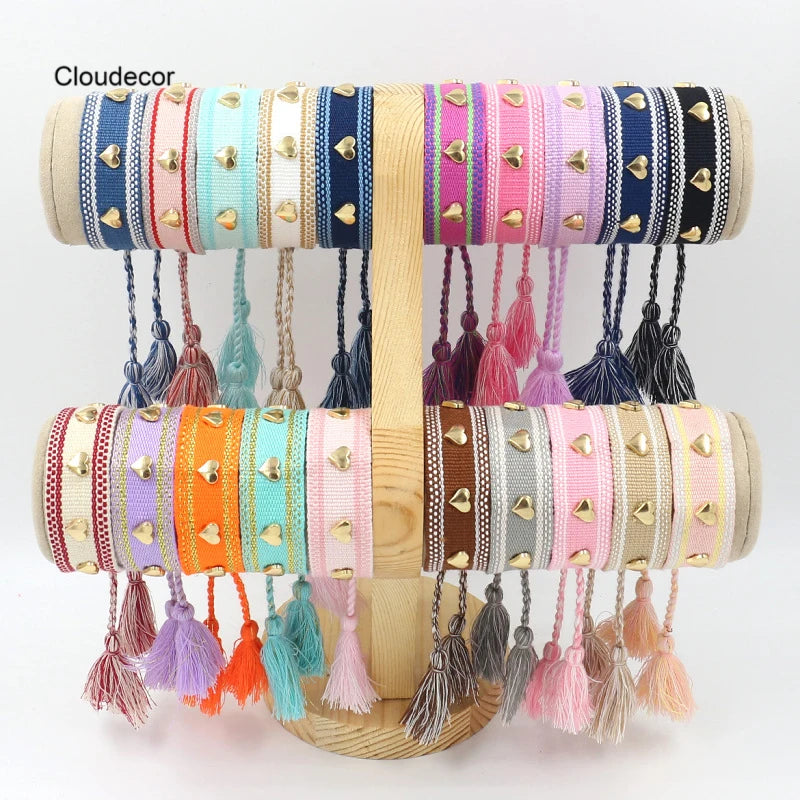 Women Bohemia Gold Heart Hand Woven Bracelet Tassel Friendship Holiday Bracelet Adjustable Custom Wrist Band Rope Bracelet