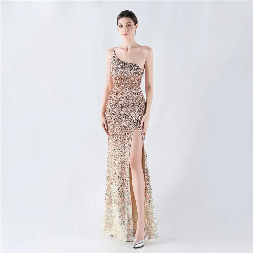 Sequined evening dress wholesale High end slim dress custom logo Pearl off shoulder evening dress factory directly