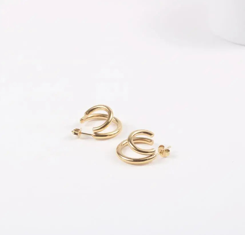 Fashionable Stainless Steel Double Hoop Stud Earrings for Girls Cute Small Jewelry with PVD Gold Plating