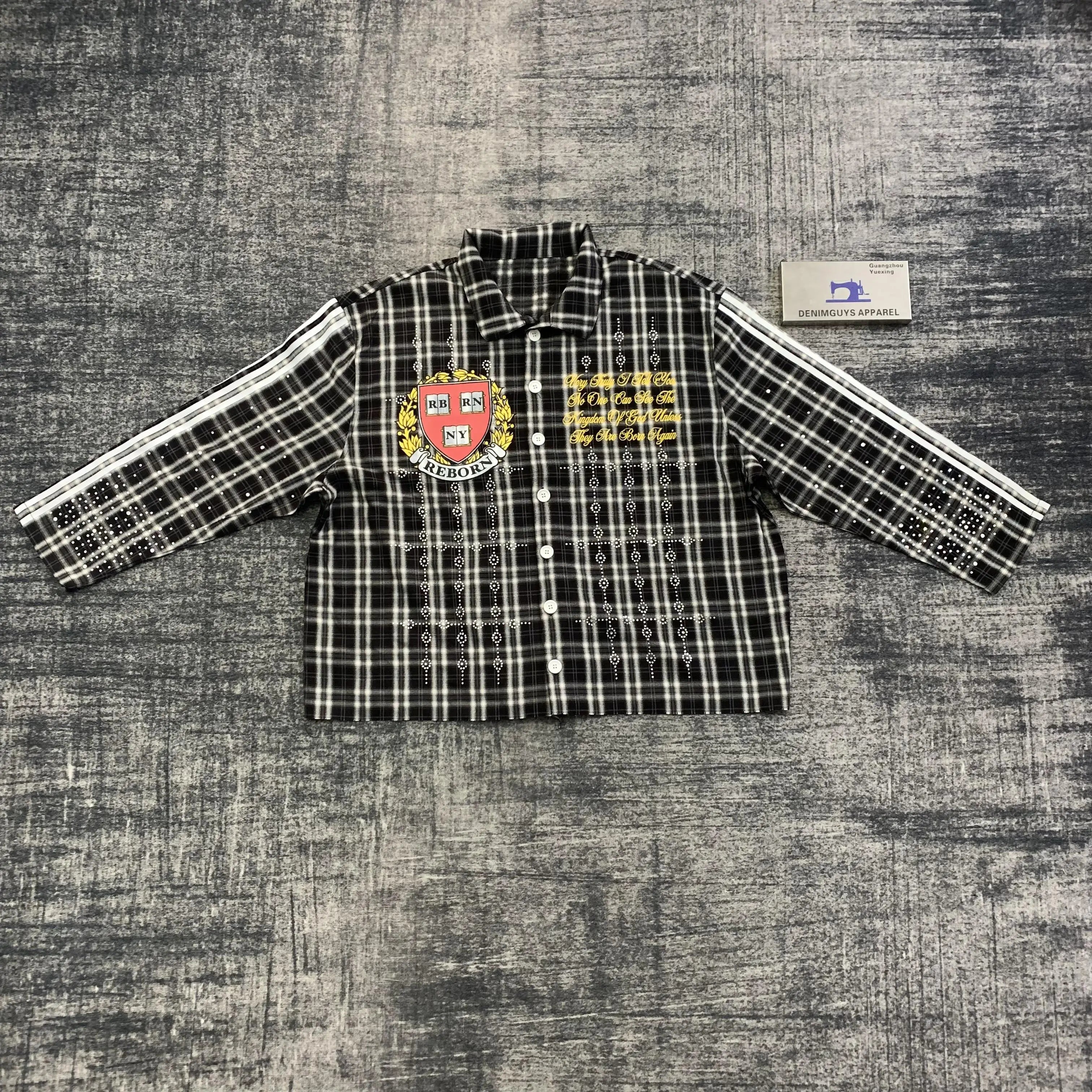 DENIMGUYS Custom Men's Streetwear Rhinestone Oversized Stripes Plaid Long Sleeve Shirts for Men