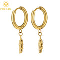 Wholesale Minimalist Fashion 2024 Women Jewelry 18K Gold Plated Stainless Steel Feather Drop Huggie Hoop Earrings