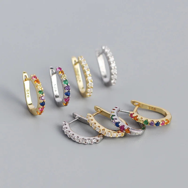 INS 925 Sterling Silver Fashion U Shape White Cz rainbow Cz Hoop Earring in Gold Plated Hoop Earrings for Women