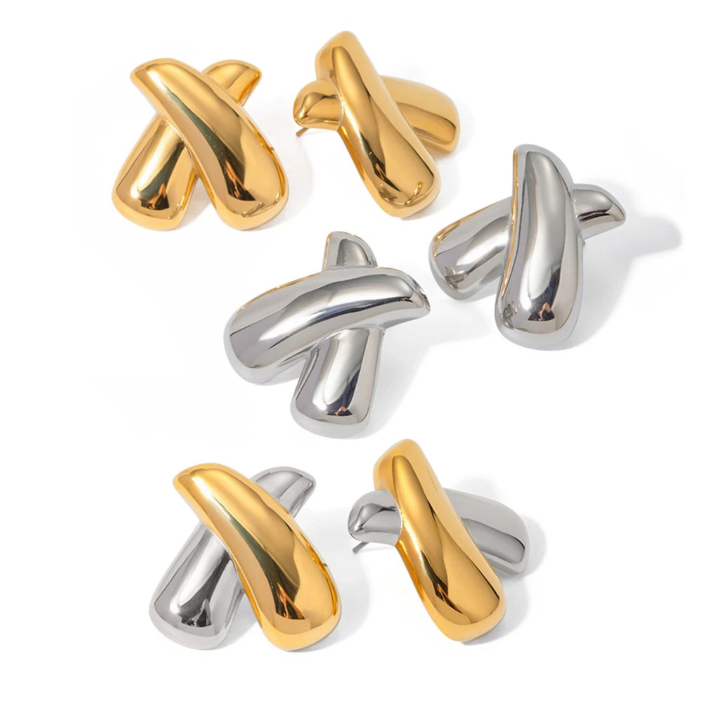 Hypoallergenic Stainless Steel Gold PVD Plated Jewelry High Polish X Shaped Letter Chunky Smooth Stud Earrings for Women