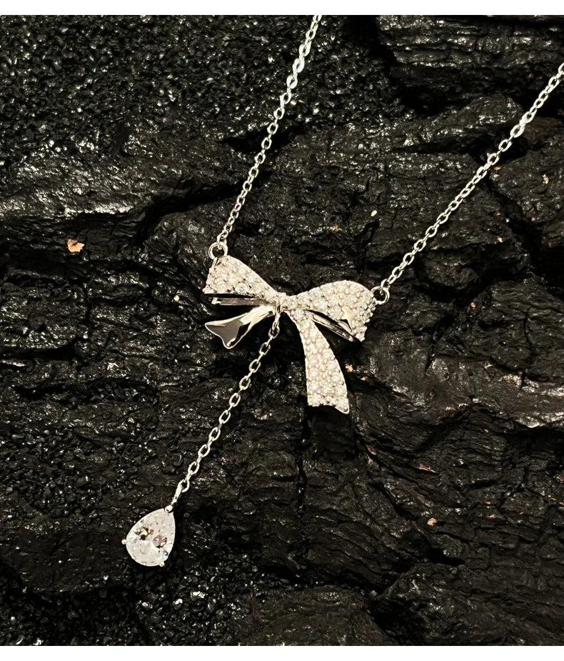 Dancing Light Tassel Necklace Bow Knot with Waterdrop CZ 925 Sterling Silver Elegant Pendant Movable Sparkling Jewelry