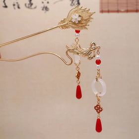 Chinese Ancient Style Dragon and Phoenix Decor Chopstick Hair Stick for Women Vintage Hanfu Pink Crystal Charm Hairpin