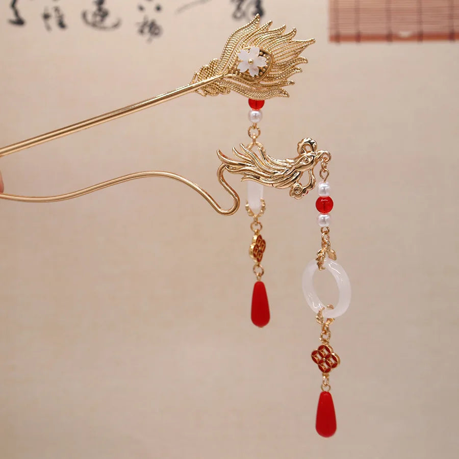 Chinese Ancient Style Dragon and Phoenix Decor Chopstick Hair Stick for Women Vintage Hanfu Pink Crystal Charm Hairpin