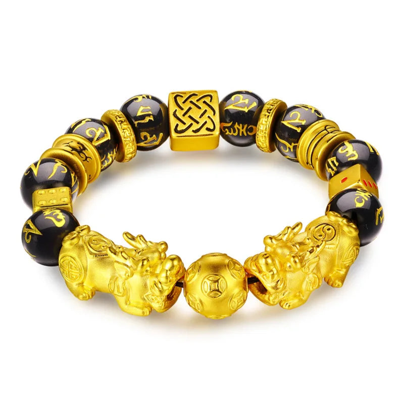 Fashion Gold Plated Charm Pi Xiu 12mm Black Obsidian Gemstone Bead Good Lucky Piyao Fengshui Wealth Pixiu Bracelet