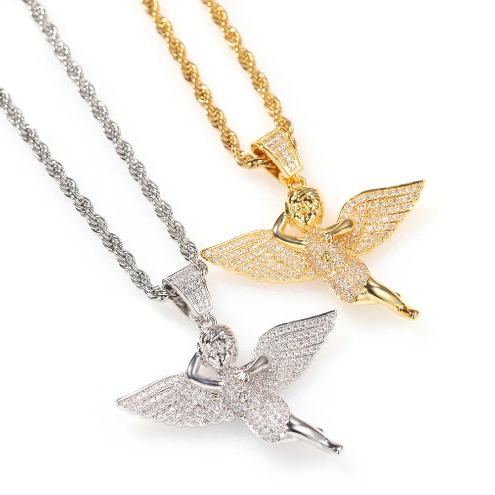 AAA CZ Stone Full Micro Paved Bling Bling Iced Out Drip Angel 14k Gold Thick Plating Hip Hop Street Fashion Jewelry Gift