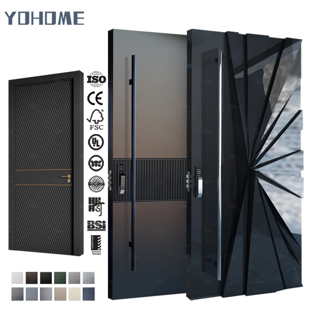 Yohome Customizable Black Glazed High Gloss Glossy Durable Aluminum Metal Security Pivot External Front Doors
