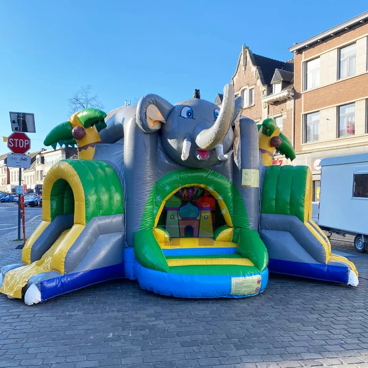 Dual Lane Kids Outdoor Party Inflatable Bouncer Elephant Springkasteel Jumping Bounce House with Slide for Kids' Bouncy Castle